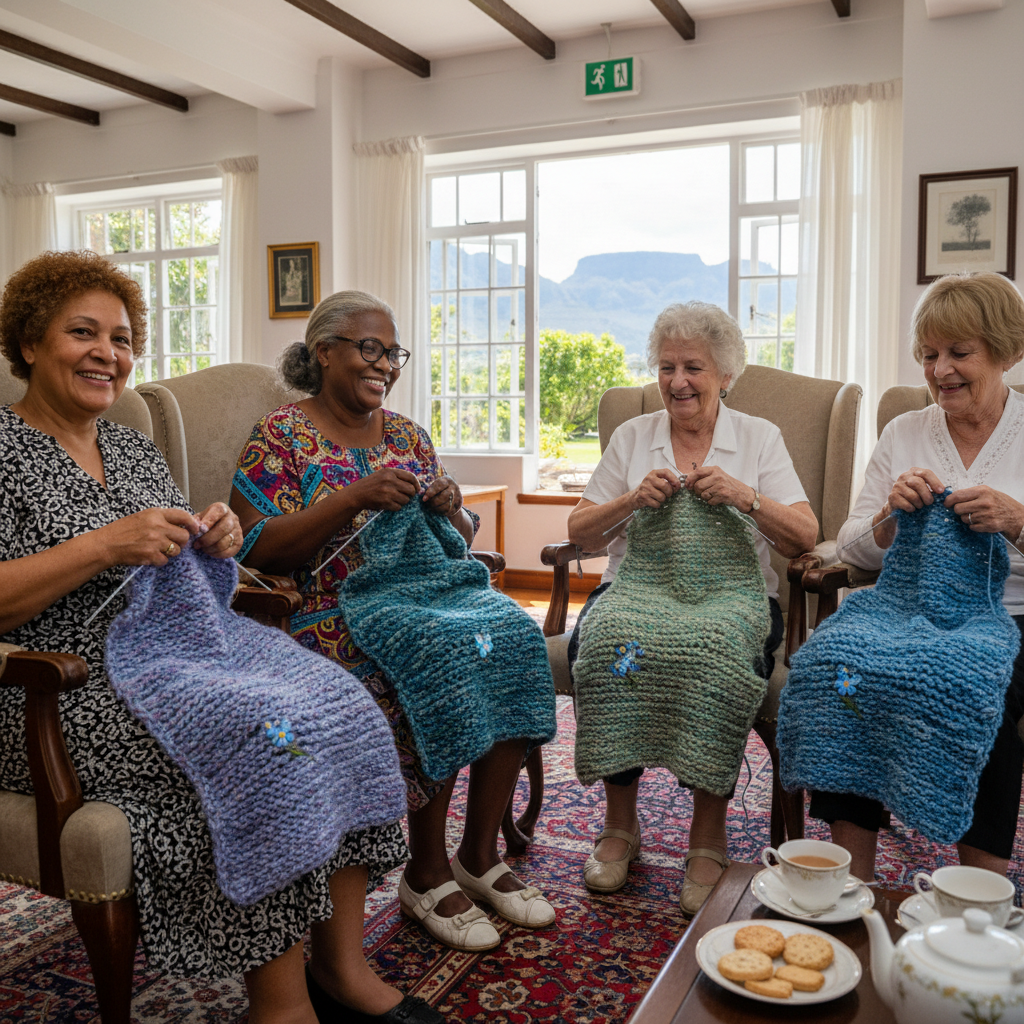 Volunteers knitting scarves in Cape Town